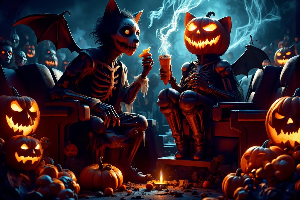 Masterpice, extremely detailed, highest quality, Paint a Black cat, Blue eyed, bat winged cute cat and his owner boy eating  pumpkin ice and eye Ball cream in wonderfull ghost city,  extremely detailed, masterpice, perfect anatomy, utlra-detalied backround, big  pumpkin wings, creepy pumpkins, 1boy, humanoid, nekomimi, vampire, pet owner, smile strawberries, harmony of irregular dissimilarity beauty cat eye,ElectDreDysto,niji,DarkWitch,Sparkle Glowing,productadvertisingXthejaa,score_9,score_8_up,score_7_up,(((from side))), (((horror movie))), (((crowd))), ((big screen)), ((hands on own face)), ((cinema seating)), scared, crying with eyes open, cocacola, disposable cup, popcorn, plaid jacket, stairs, night, open mouth,anime,aidmaabdhr,hallowenthemedXthejaa,horrorpumpkin,creepyandscaryconcept,womaninthedayofthedead