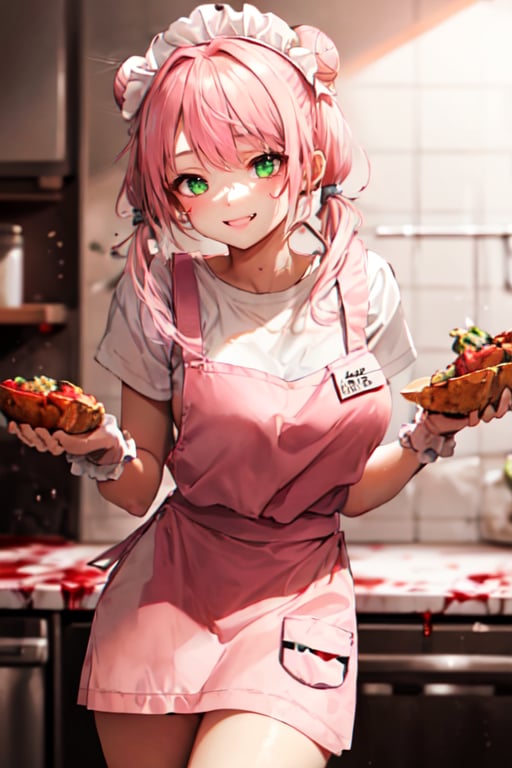 beautiful, 1girl,
(Pink twintail hair:1.2), hair tied up into a bun guilty 
smile, neon green lighting eyes, not T-shirt under bloody white apron, hk_girl, holding a big delicious bloody, meal dish with both hands, kitchen background, bloody walls, lot of human bones, loli, waifu,blurred background