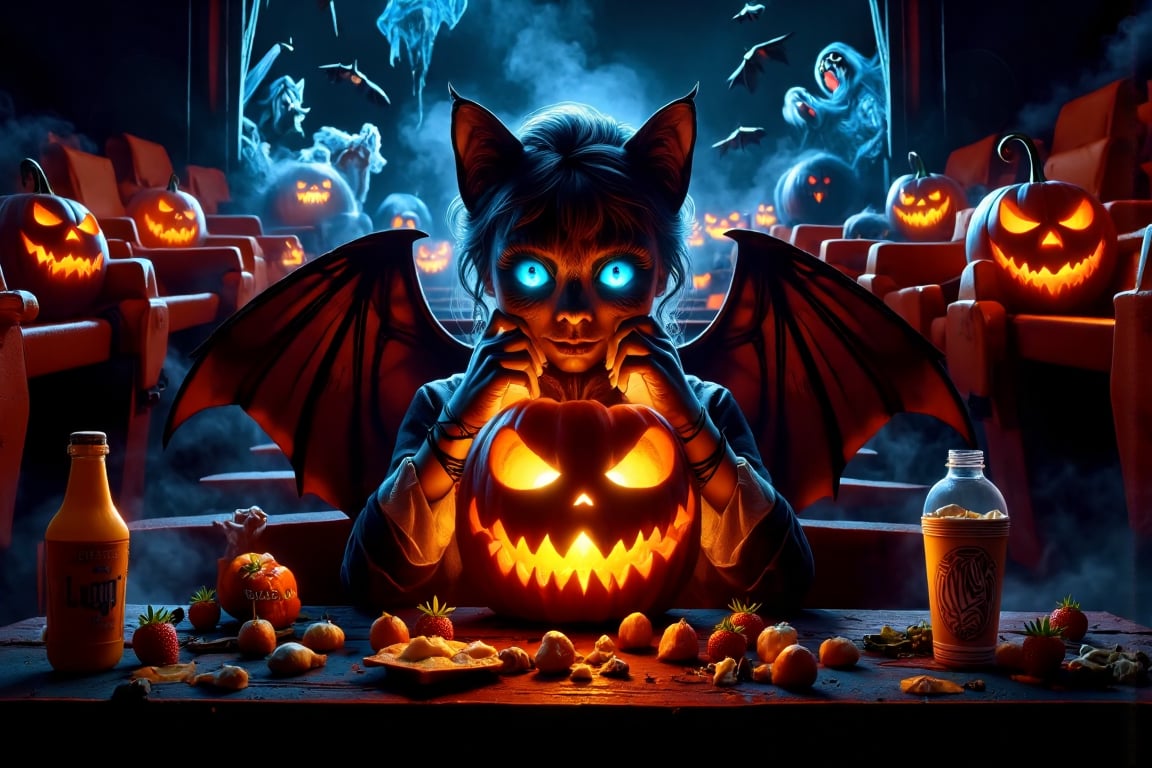 Masterpice, extremely detailed, highest quality, Paint a Black cat, Blue eyed, bat winged cute cat and his owner boy eating  pumpkin ice and eye Ball cream in wonderfull ghost city,  extremely detailed, masterpice, perfect anatomy, utlra-detalied backround, big  pumpkin wings, creepy pumpkins, 1boy, humanoid, nekomimi, vampire, pet owner, smile strawberries, harmony of irregular dissimilarity beauty cat eye,ElectDreDysto,niji,DarkWitch,Sparkle Glowing,productadvertisingXthejaa,score_9,score_8_up,score_7_up,(((from side))), (((horror movie))), (((crowd))), ((big screen)), ((hands on own face)), ((cinema seating)), scared, crying with eyes open, cocacola, disposable cup, popcorn, plaid jacket, stairs, night, open mouth,anime,aidmaabdhr,hallowenthemedXthejaa,horrorpumpkin,creepyandscaryconcept,womaninthedayofthedead