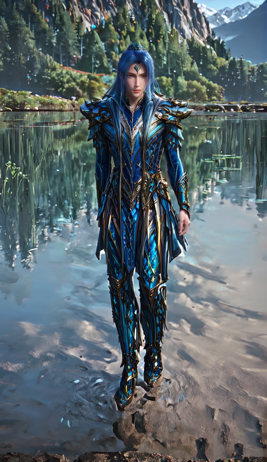 Extremely Realistic, score_9, score_8_up, score_7_up,realistic, tang_san,1boy, male focus, blue long hair, blue eyes, blue hair, looking at viewer, belt, standing, armor, full body, full-length view, mountainous forested shallow lake