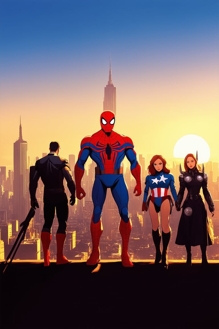 A gleaming golden light illuminates the cityscape as Marvel's iconic superheroes gather at dusk. The bright tone of the setting sun casts a warm glow on Spider-Man's red and blue suit as he stands confidently alongside Iron Man, Captain America, Black Widow, and Thor. The Manhattan skyline looms large in the background, with skyscrapers reflecting the vibrant colors of the scene.