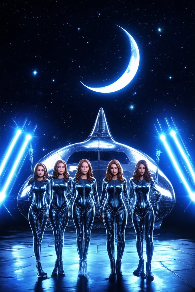 A futuristic sci-fi landscape with a group of space girls standing in front of a sleek silver spaceship, dressed in shiny metallic jumpsuits and holding glowing blue wands. The camera captures their confident poses against the backdrop of a starry night sky, illuminated by a crescent moon. The lighting is dim, with spotlights highlighting the girls' faces, emphasizing their adventurous spirits.