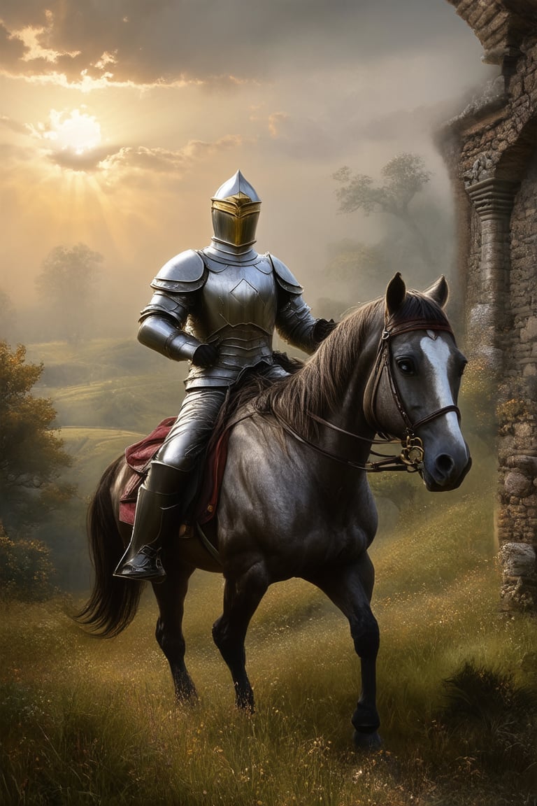 A majestic knight on horseback, clad in shining armor, rides into a misty dawn landscape. Framed by the rising sun's warm glow, the scene is set against ancient stone walls and lush greenery. The knight's helmet is adorned with a golden visor, as he gazes out upon the rolling hills, his noble steed prancing beneath him.