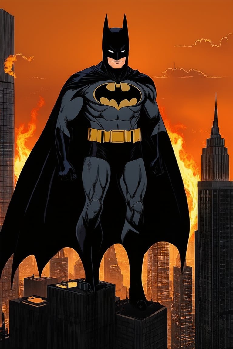 A gritty cityscape at dusk, Batman's silhouette stands tall against a fiery orange sky, his dark cape billowing in the wind. The Dark Knight's determined gaze fixes on the camera as he surveys the metropolis from atop a Gotham City skyscraper.