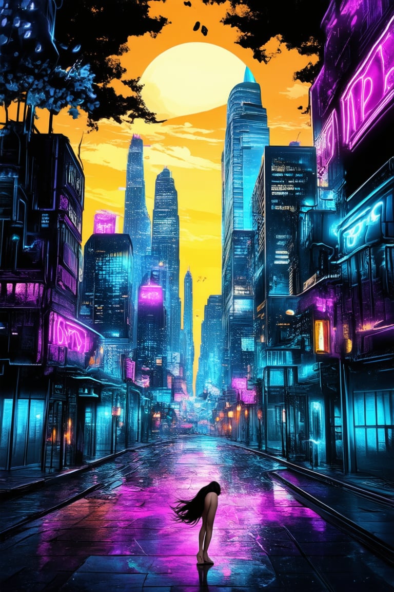 A vibrant dreamworld unfolds: A surreal cityscape glows in neon hues at dusk, with towering skyscrapers and winding streets. A lone figure, a young woman with flowing hair and ethereal eyes, floats effortlessly amidst the urban landscape, her slender form silhouetted against a kaleidoscope of colors.