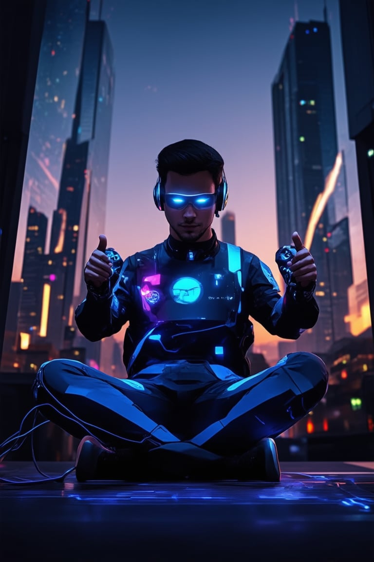 A futuristic gamer sits cross-legged on a sleek, neon-lit console, surrounded by holographic screens and wires. The gamer's eyes are fixed on the main screen as they grasp a controller with both hands, thumbs flying across the buttons in a blur of focus. A cityscape at sunset glows softly behind them, with skyscrapers and towering structures reflected in their mirrored shades.