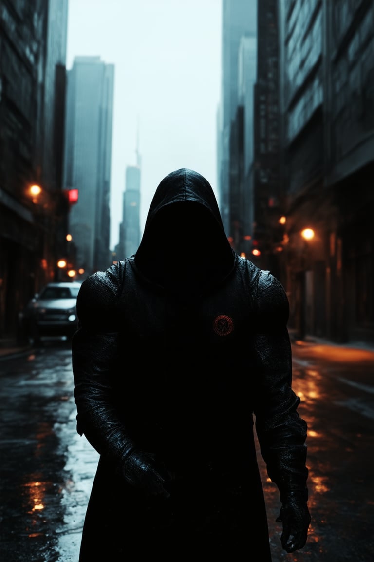 A dark, brooding figure emerges from the shadows, bathed in a faint, eerie light. The hero's face is obscured by a hood, casting a sense of mystery and intrigue. A cityscape looms in the background, with towering skyscrapers and neon lights reflecting off the wet pavement. The hero's pose exudes confidence and determination as they survey their surroundings.