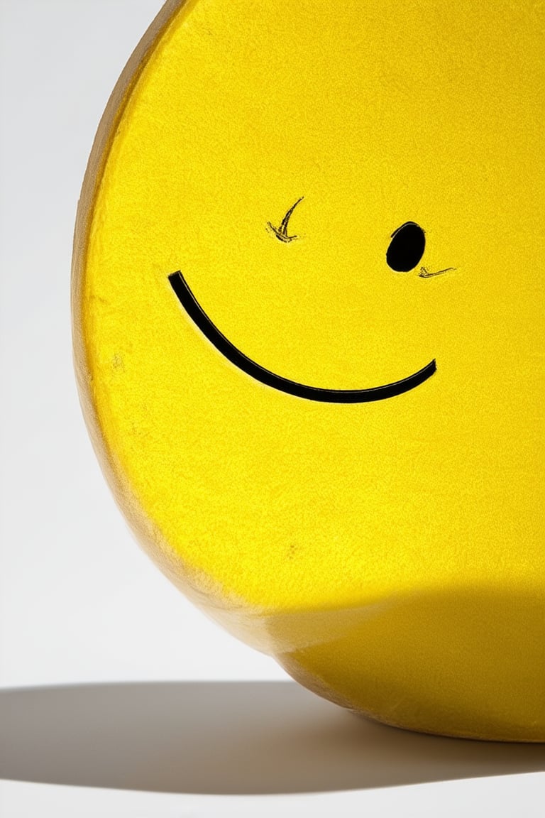 A close-up shot of a bright yellow object, like a sunflower or a smiley face sticker, against a neutral white background. The object is centered and fills most of the frame, with gentle highlights on its curved surface to emphasize its warm tone. Soft, natural light illuminates from above, casting a slight shadow below. Composition is simple yet inviting.