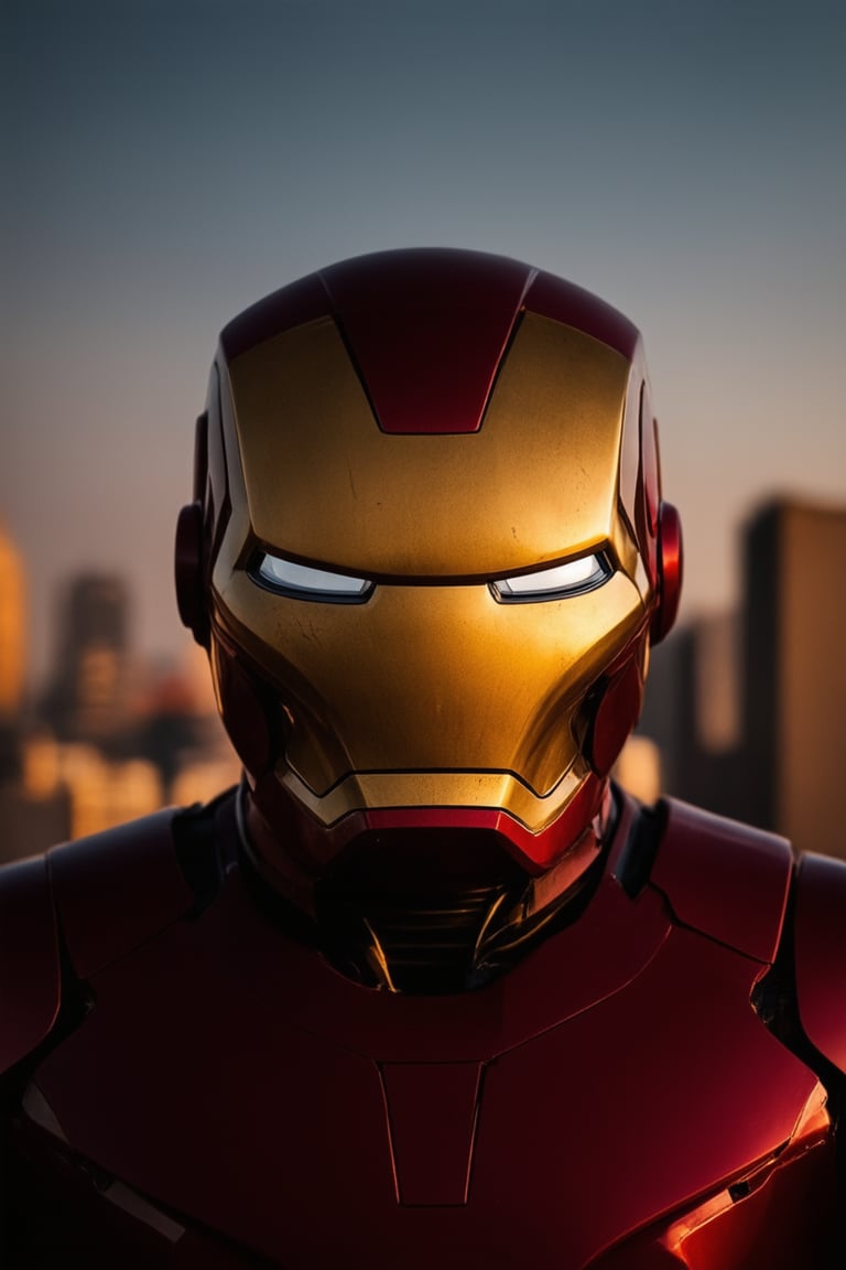 A close-up shot of Iron Man's helmet, lit by a warm golden light, with the cityscape at dusk visible through the visor. The armor is slightly weathered, with subtle scratches and scuffs. Tony Stark's reflection is faintly visible within the visor, gazing out at the vibrant skyscrapers. The framing emphasizes the technological wonder of the suit, with a shallow depth of field to highlight its sleek design.