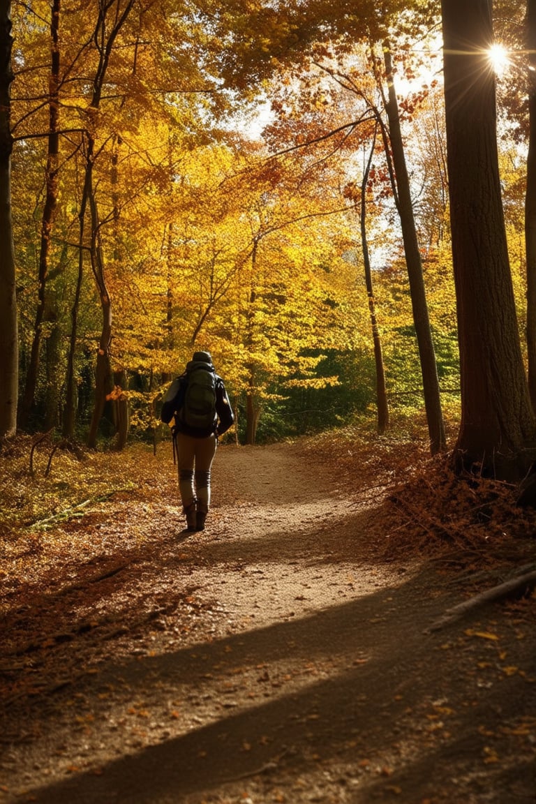 A warm autumn afternoon: a serene landscape with golden leaves scattering across the forest floor, framing a winding dirt path and towering tree trunks in soft focus. Dappled sunlight filters through the canopy above, casting long shadows across the rust-hued underbrush. A solitary hiker walks along the trail, boots crunching on fallen foliage.