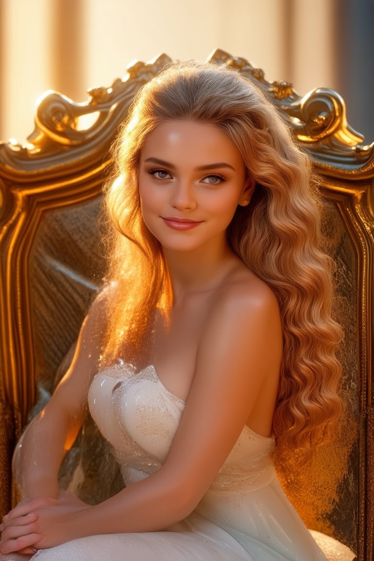 A stunning portrait of a lovely young woman, bathed in warm golden light, with a subtle gradient of soft pink hues on her skin. Her long, curly hair cascades down her back like a golden waterfall, framing her radiant face and captivating smile. She sits regally, one hand resting on a ornate throne, while the other cradles a gleaming gemstone.