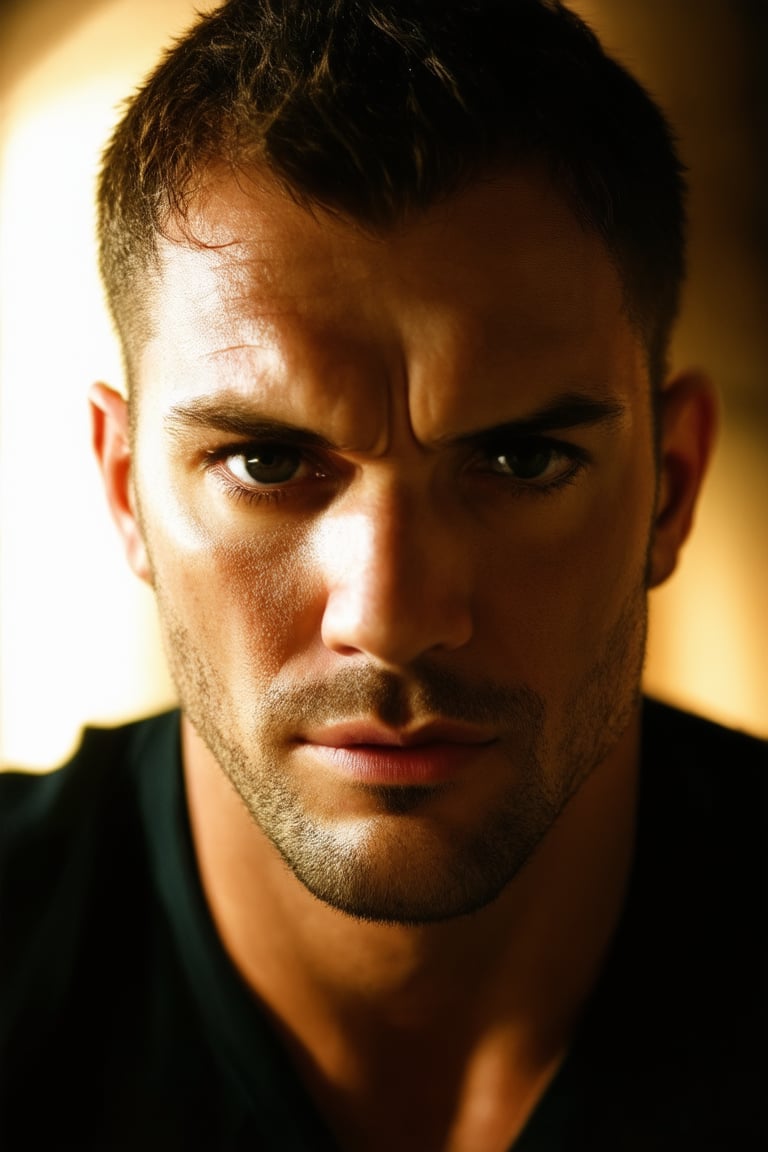 A close-up shot of Jero's face, eyes gazing directly at the camera with a hint of determination and focus. His facial features are illuminated by soft, warm lighting, accentuating his rugged jawline. The background is blurred, focusing attention on Jero's intense expression as he appears to be mentally preparing for an unknown challenge.