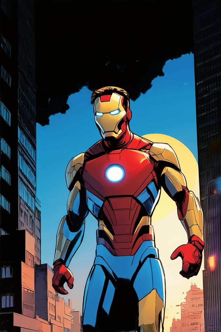 A vibrant, comic book-inspired illustration of Iron Man, aka Tony Stark, in a dramatic pose, with a bright blue and gold suit glowing against a dark cityscape at dusk. The sun sets behind him, casting a warm orange glow on his face and armor. The background is a blurred mix of towering skyscrapers and bustling streets.