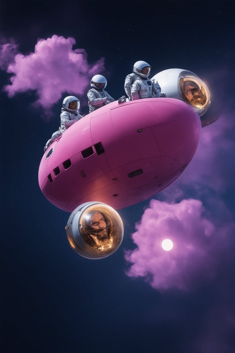 A futuristic spacecraft with a vibrant pink hull, floating in zero gravity amidst swirling purple gas clouds, against a dark blue background; the ship's curved surface reflects a warm, golden light from an unseen source, as if it's being lit by a distant sun; three small astronauts in silver suits and helmets, with oxygen tanks on their backs, drift near the ship, their faces obscured by helmets.