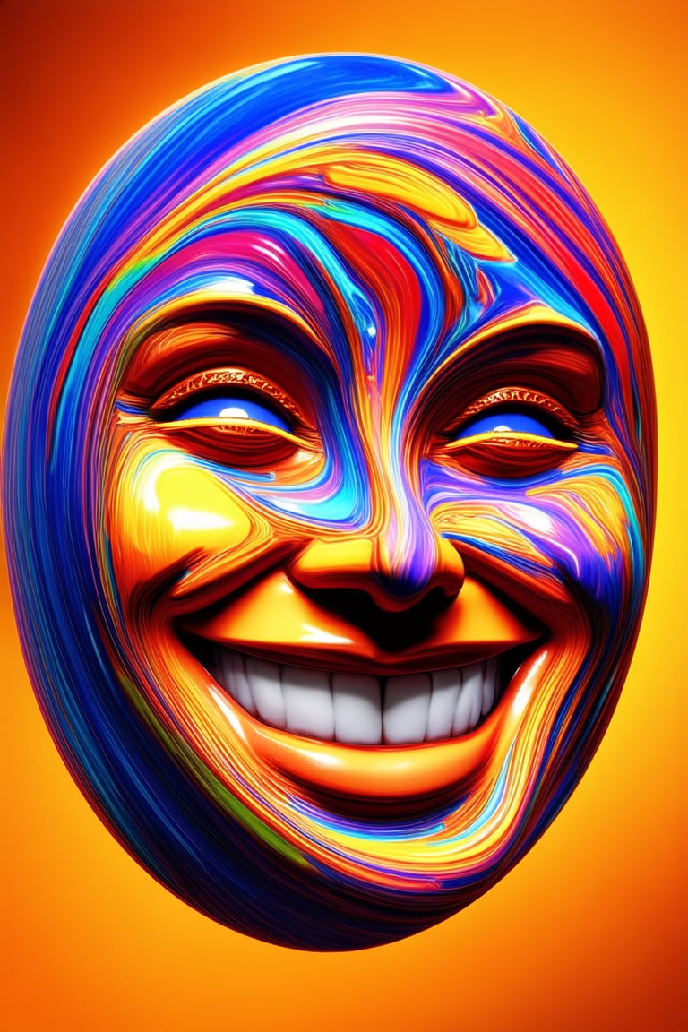 A vibrant 3D rendering of a smiling face with bold, swirling colors blending together in harmony. The facial structure is simplified, with exaggerated features and bright, shining eyes that seem to sparkle with joy. The background is a warm, gradient orange-yellow, adding depth and dimensionality to the overall piece.