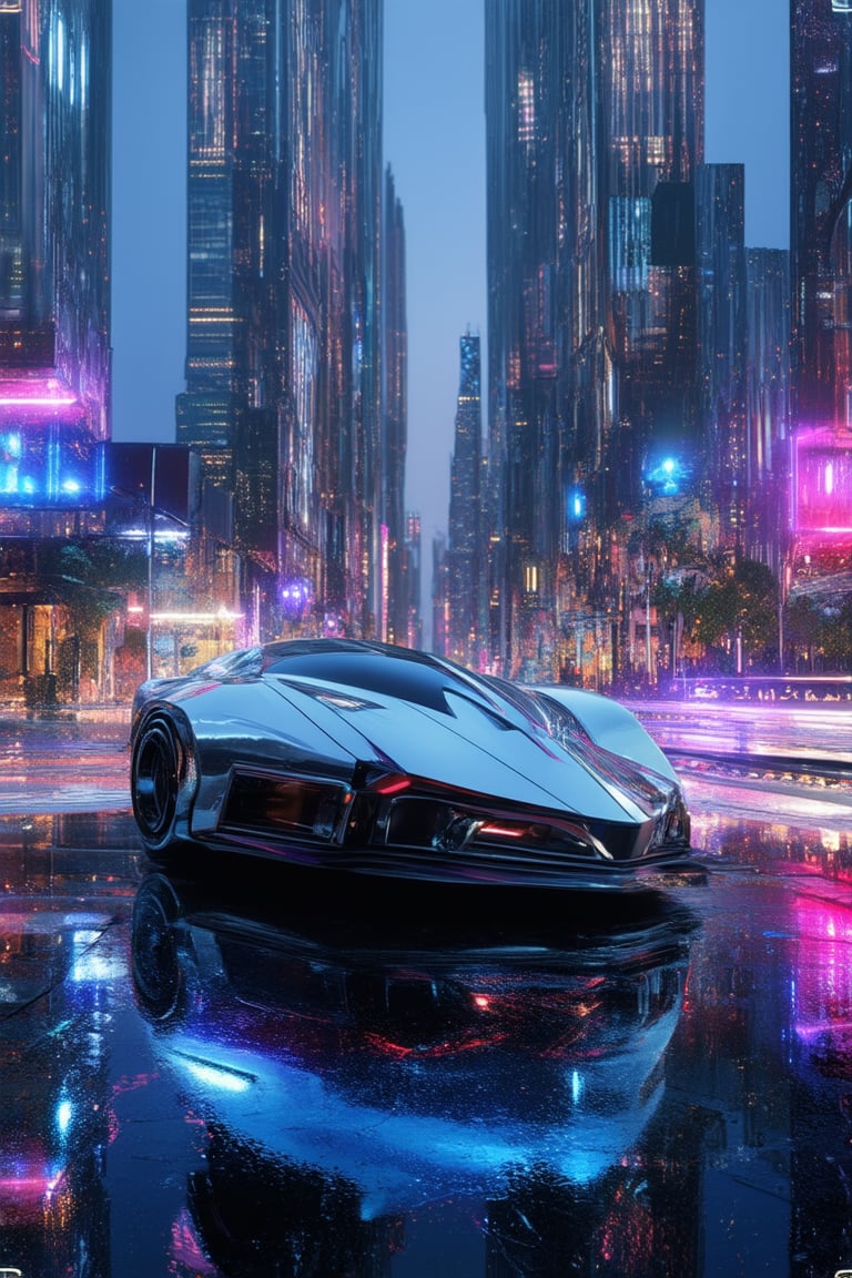 A futuristic cityscape at dusk. A holo-advertisement beams down from a towering skyscraper, casting a kaleidoscope of colors across the pavement. In the foreground, a sleek hovercar whirs by, its lights reflected in the wet asphalt. The city's neon-lit underbelly pulsates with energy, as if alive and breathing.