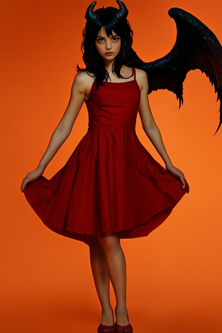 A dark-haired girl, dressed in a striking red dress, stands confidently with one foot slightly forward, her eyes gleaming with mischief as she gazes directly at the camera. The background is a deep, fiery orange, with subtle demonic horns and wings subtly integrated into the design, creating an eerie yet alluring atmosphere.