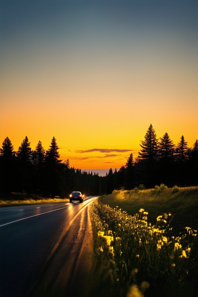 A serene landscape of a United States highway at dusk: a winding road stretches into the distance, lined with tall trees and wildflowers, under a warm orange sunset sky. A lone car drives away from the camera, leaving behind a trail of headlights.