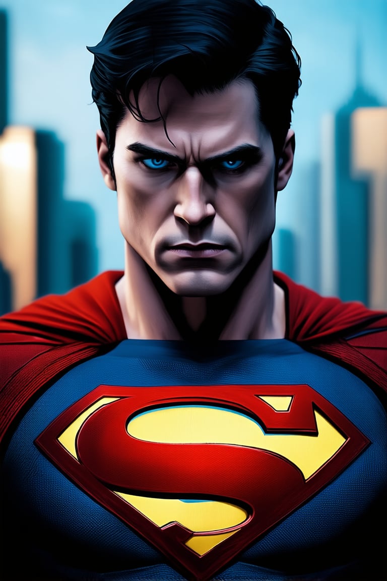 A close-up shot of Superman's determined face, with a hint of blue lighting to emphasize his iconic suit and symbol on his chest. His eyes, bright with conviction, gaze directly into the camera, as if ready to take on any challenge. In the background, a blurred cityscape reflects his unwavering commitment to justice.