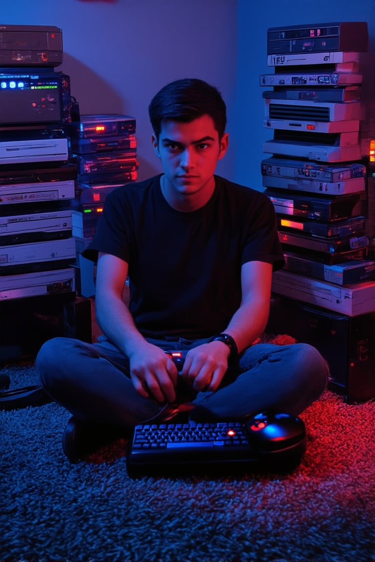 A young gamer sits cross-legged on a plush carpeted floor,  surrounded by stacks of vintage video games and retro consoles...