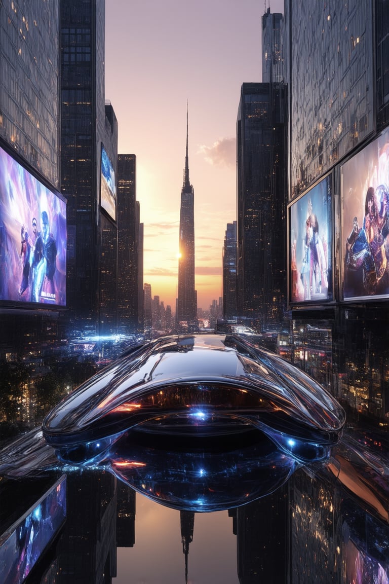 A futuristic cityscape at sunset,  with towering skyscrapers and holographic advertisements dancing across the skyline. In...