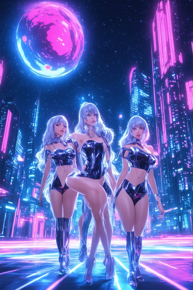 A surreal, neon-lit cityscape at dusk, with a group of space girls posed against a vibrant, glowing backdrop. The girls wear retro-futuristic outfits with metallic accents and flowing silver hair that seems to defy gravity. One girl is leaning against a futuristic spaceship, while another is hovering in mid-air, her hands glowing with an ethereal light. The atmosphere is electric, with pulsating hues of pink, blue, and purple.