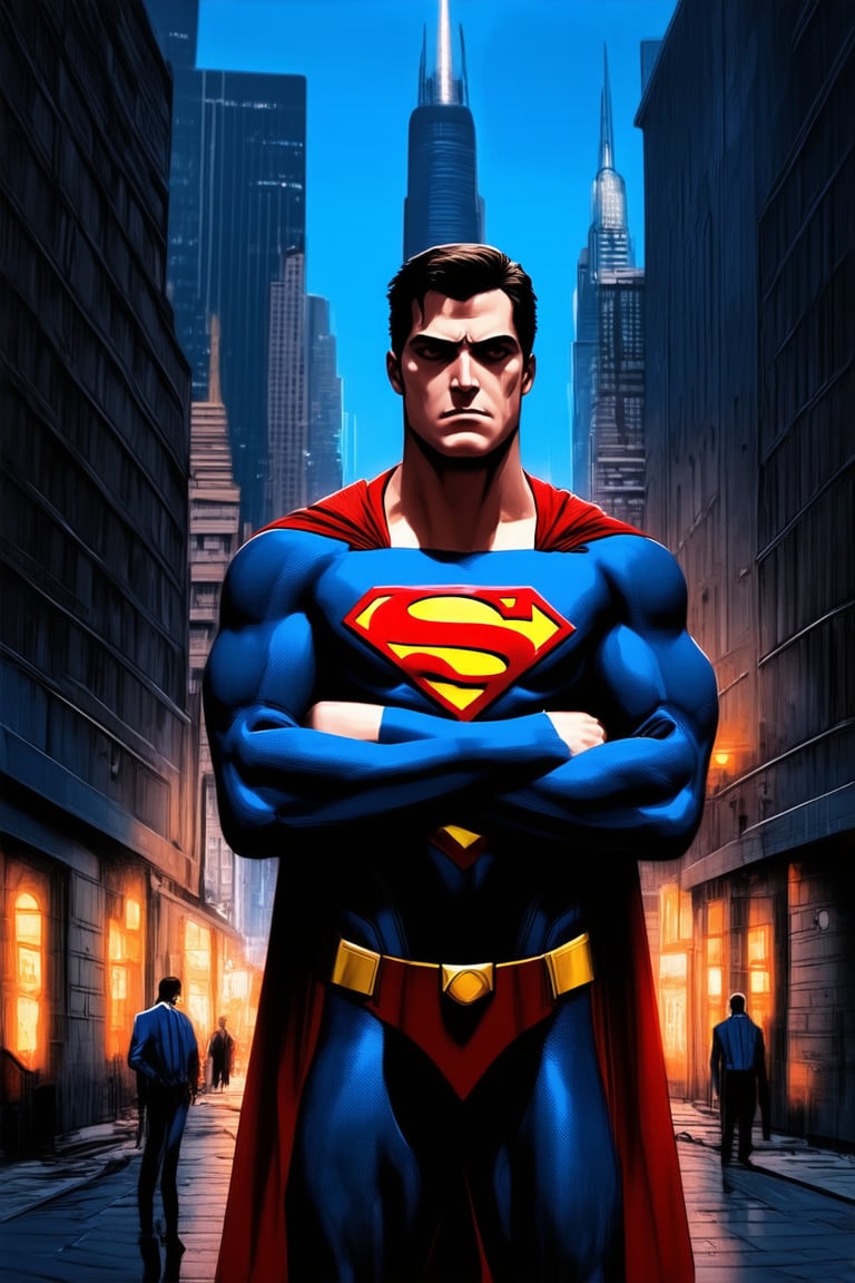 A gritty metropolis streetscape with a dark blue sky and urban architecture. In the center, Superman stands tall, his iconic red and blue suit gleaming in the dim light. His eyes gaze out into the distance, his arms crossed over his chest as he surveys the city he protects. The Justice League logo shines bright on his chest, surrounded by a faint cityscape silhouette.