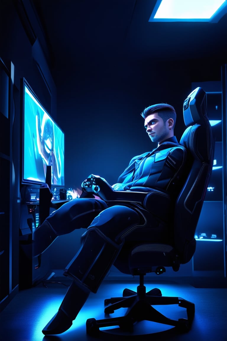 A futuristic gamer's den: a sleek, high-tech room with neon-lit shelves and a sprawling gaming setup. A charismatic gamer, dressed in trendy attire, leans back in their chair, controller in hand, eyes fixed on the immersive game unfolding on the massive screen. Soft blue light from the console illuminates their determined expression.