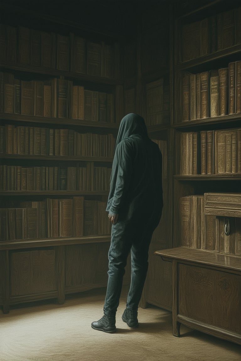 A dimly lit room with shadows playing across worn wooden furniture. A lone figure, shrouded in darkness, stands at the edge of a dusty bookshelf, fingers tracing the spines of ancient tomes. The air is heavy with the scent of old leather and forgotten knowledge. Logical equations dance in the mind's eye, seeking answers within the veil of mystery.