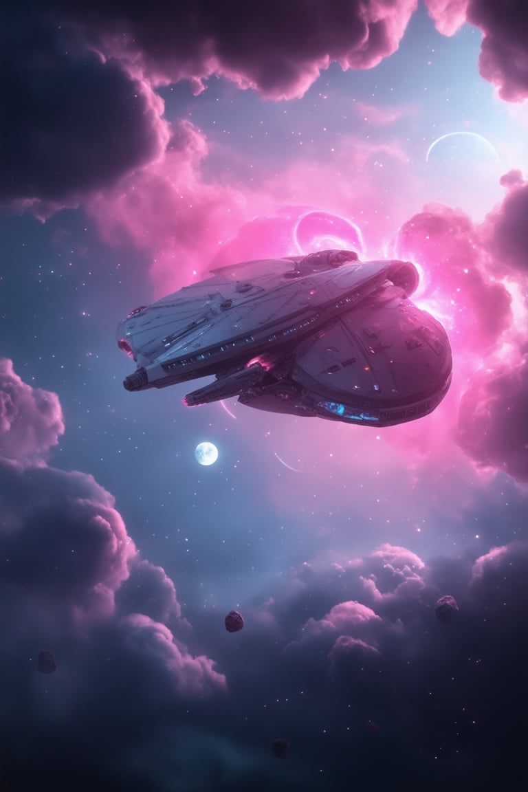 Render a futuristic 3D scene with a pink hue dominating the atmosphere. A spaceship, shaped like a stylized heart, floats amidst swirling clouds of hot pink gas. The ship's surface glistens with iridescent paint, reflecting the surrounding color palette. In the foreground, a cluster of glowing pink asteroids orbit around the vessel. Soft focus stars and a crescent moon hang in the distance, while delicate wisps of pink mist curl around the spaceship.