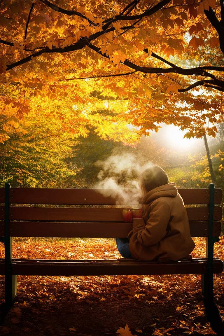 A warm sunlight filters through a canopy of golden leaves, casting a cozy glow on a rustic wooden bench. A lone figure, dressed in earthy tones, sits quietly amidst the vibrant autumn foliage, hands cradling a steaming mug of apple cider as nature's kaleidoscope colors surround them.