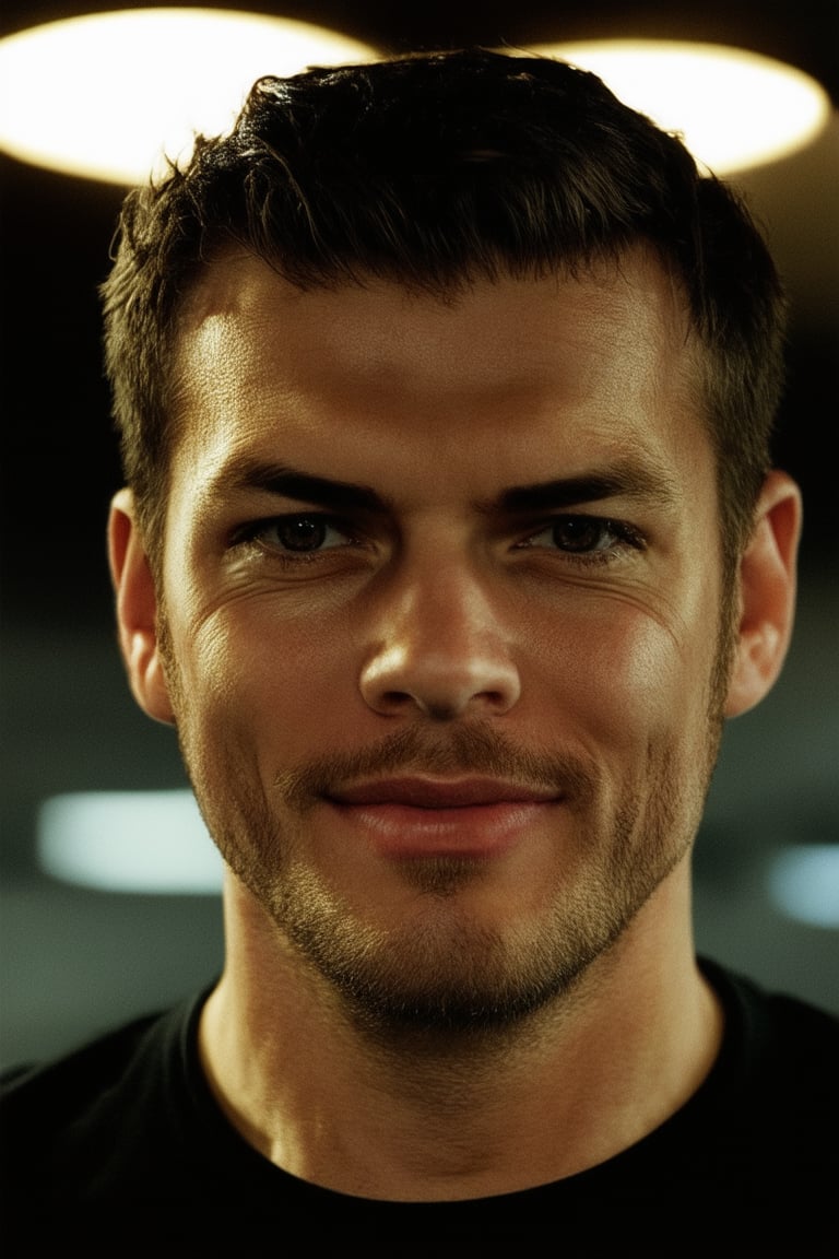 A close-up shot of Jero's ruggedly handsome face, with a hint of stubble and piercing brown eyes looking directly into the camera. His strong jawline is illuminated by soft overhead lighting, accentuating his sharp features. He wears a warm smile, inviting the viewer in. The framing isolates him, emphasizing his confidence.