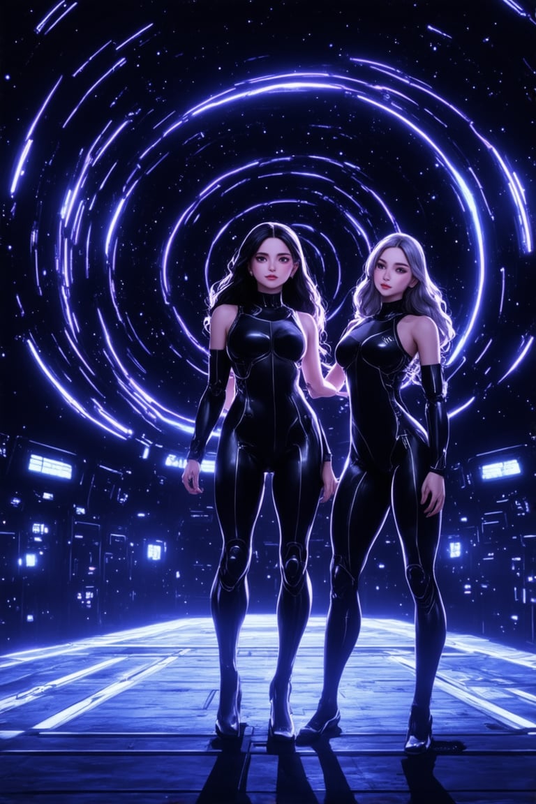 A futuristic spaceship hovers in the distance, a swirling vortex of purple and blue energy emanating from its core. Two space girls, dressed in sleek black jumpsuits with glowing neon accents, stand at attention on the ship's landing bay. Their long, curly hair flows like stardust in the gentle breeze. One girl's arm is wrapped around a gleaming silver robot, while the other holds a holographic tablet. The framing of the shot showcases their confident poses against the starry blackness of space. Harsh blue lighting highlights the girls' features, with soft golden accents illuminating their skin. In the background, a bustling space station hums with activity, adding to the sense of adventure and exploration.