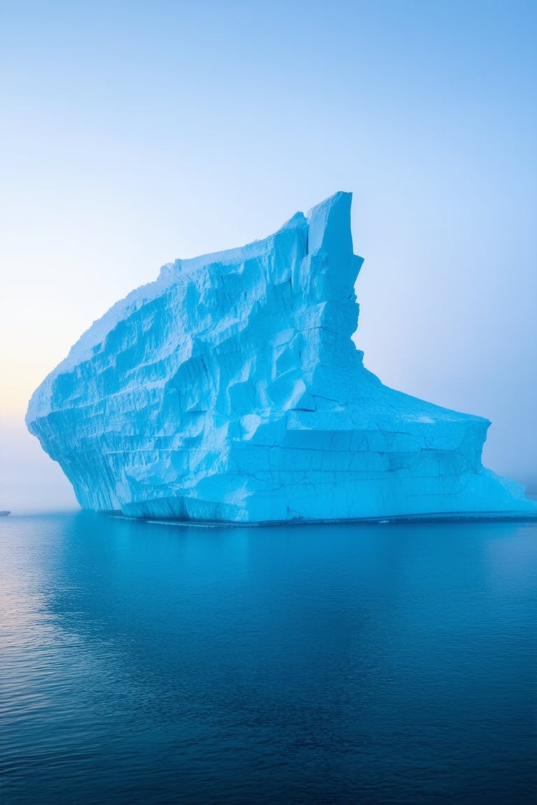 A majestic iceberg rises from the misty horizon, its crystalline structure glistening in the soft blue light of a mystical dawn. The frosty peaks stretch towards the heavens like shards of ethereal glass, as the surrounding sea glimmers with an otherworldly sheen. A delicate veil of fog clings to the iceberg's base, shrouding its secrets beneath the surface.