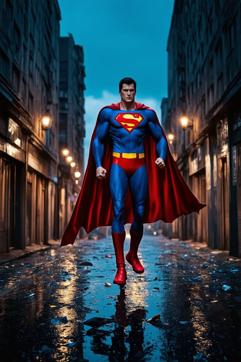 A gritty urban landscape at dusk, with a dark blue sky and city lights reflecting off wet pavement. In the center, a determined Superman stands tall, cape fluttering behind him, fists clenched in a powerful pose. His iconic red and blue suit glistens under the harsh streetlights, as he gazes out at a desolate alleyway filled with trash and broken dreams.