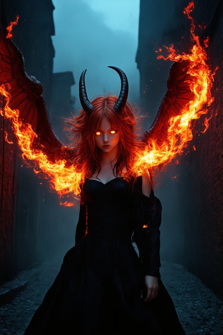 A fiery-haired girl stands defiantly in a dark, smoky alleyway, her eyes glowing like embers as she summons forth a swirling vortex of crimson energy. The air is thick with the scent of sulfur and brimstone as she assumes the form of a horned devil, horns piercing through her hair as she spreads her wings, ready to unleash hell on earth.