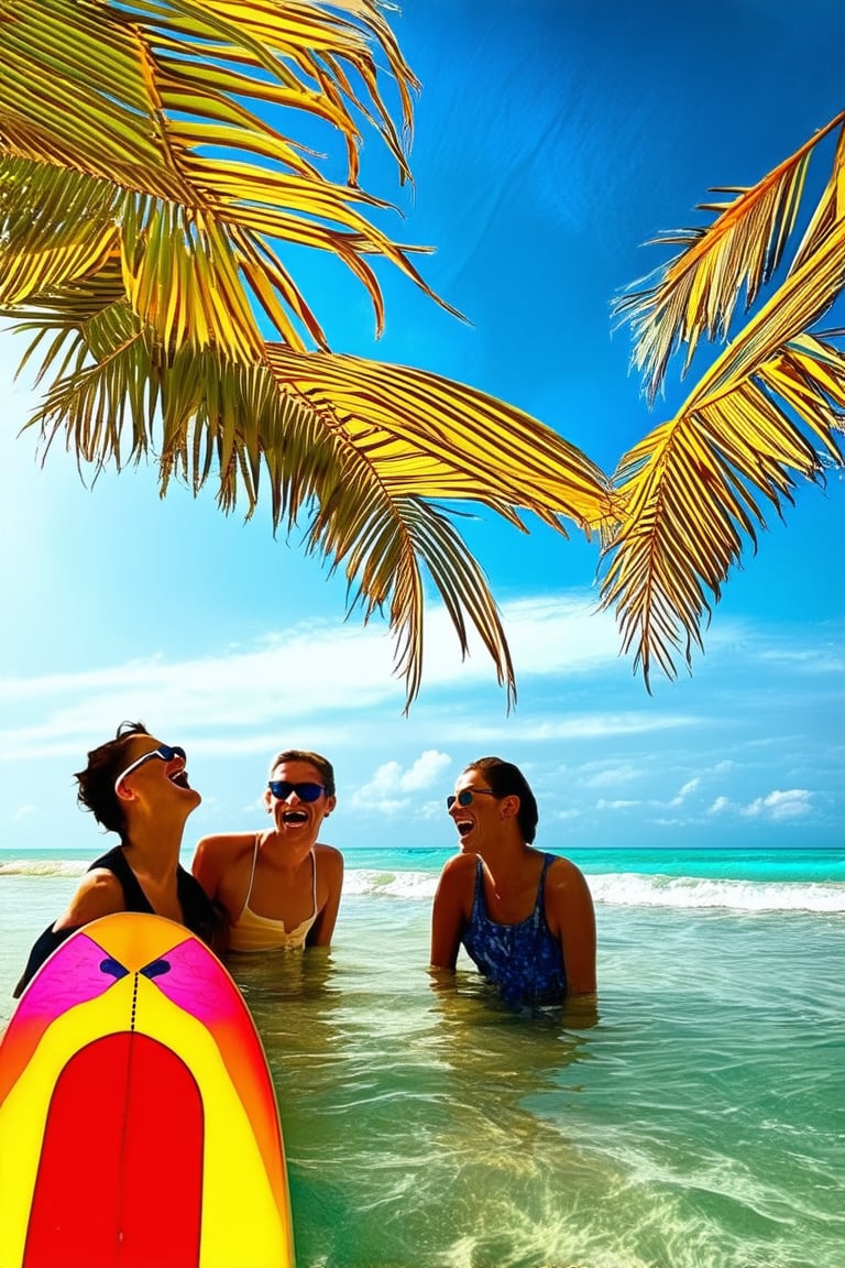 Warm sunlight filters through palm fronds on a lush green beach, casting a golden glow on a group of friends laughing and playing in the shallow water. A colorful surfboard leans against a striped umbrella, while a pair of sunglasses lies abandoned nearby. The sky above is a brilliant blue with only a few wispy clouds, adding to the carefree atmosphere.