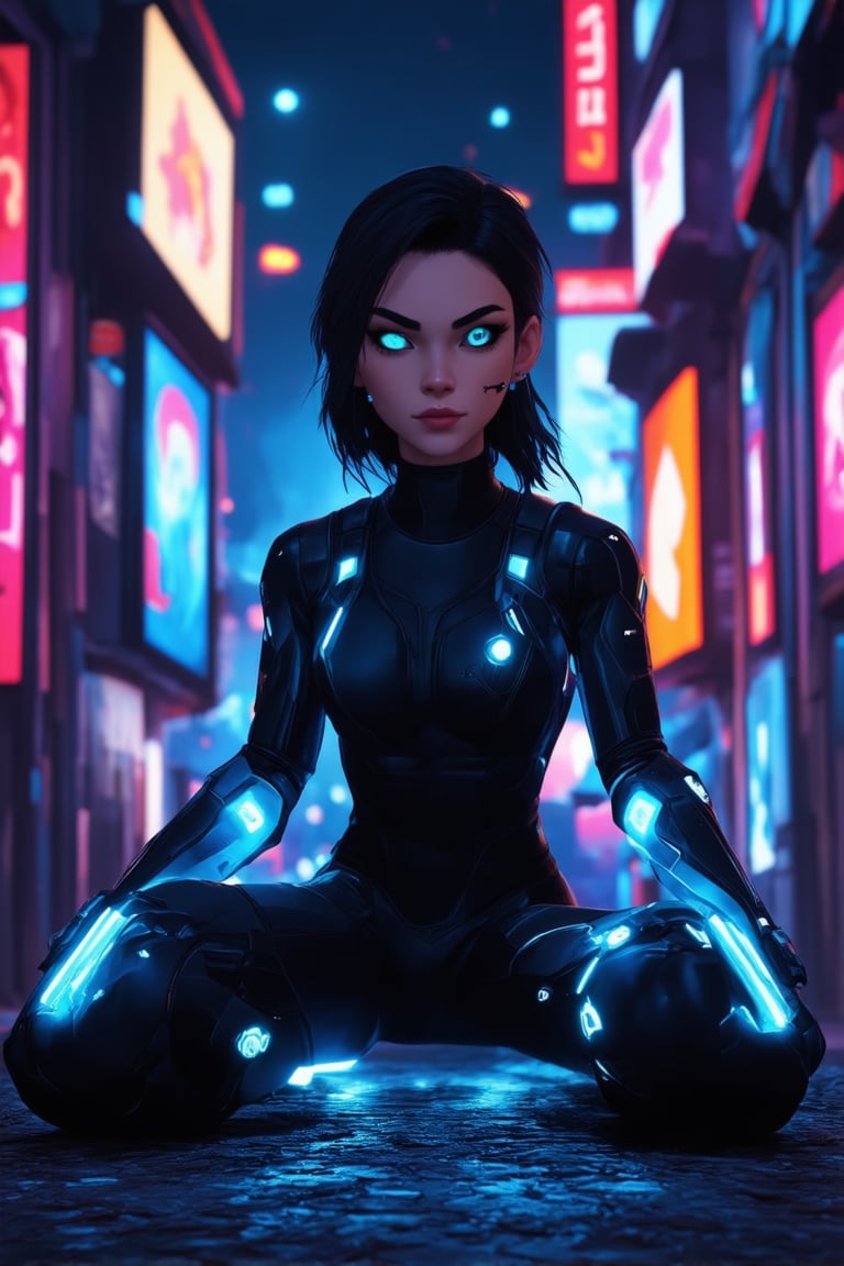 A futuristic gamer character, 'Neon Nova', sits in a dimly lit cyberpunk alleyway, surrounded by neon-lit billboards and holographic advertisements. Wearing a sleek black jumpsuit with glowing blue circuits tracing her arms and legs, she gazes intently at a holographic console projecting a fantasy world's landscape. Her piercing green eyes radiate determination as she prepares to embark on an epic gaming quest.