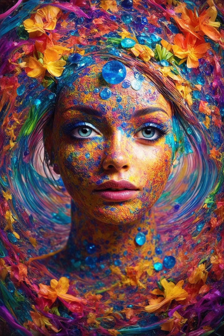 A vibrant 3D face with intricate details and textures, set against a kaleidoscope of swirling colors and patterns. The subject's facial features are rendered in high-definition, with bright blue eyes shining like sapphires. A rainbow of hues dances across the skin, as if infused with the essence of tropical flowers. The overall composition is playful, inviting, and full of whimsy.