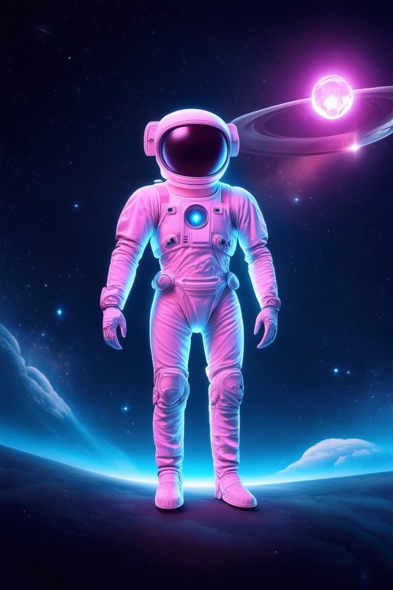 A futuristic astronaut stands proudly in a 3D pink space scene, surrounded by swirling galaxies and stars. The astronaut's sleek white suit glows with an otherworldly light, while their gloved hand holds a glowing pink orb. In the background, planetary rings spin like diamonds against a dark blue canvas.