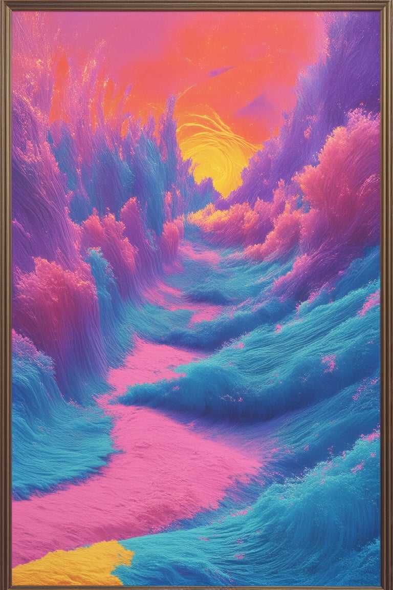 A surreal landscape of shifting colors: Gradient World depicts a dreamlike realm where rolling hills of vibrant hues blend...