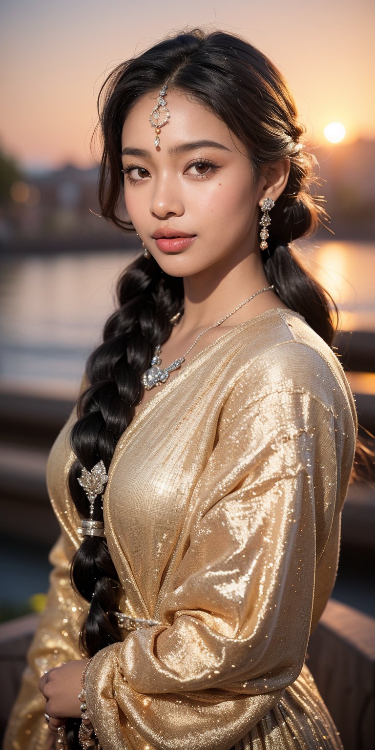 A portrait of a woman with dark skin and adorned with intricate silver jewelry. Her lips are curved into a gentle smile, showcasing the pride and wisdom in her eyes. Her hair is styled in a traditional braid that cascades down her back. The background is a warm sunset, casting a soft orange glow on her face and emphasizing the beauty of her heritage.
 
