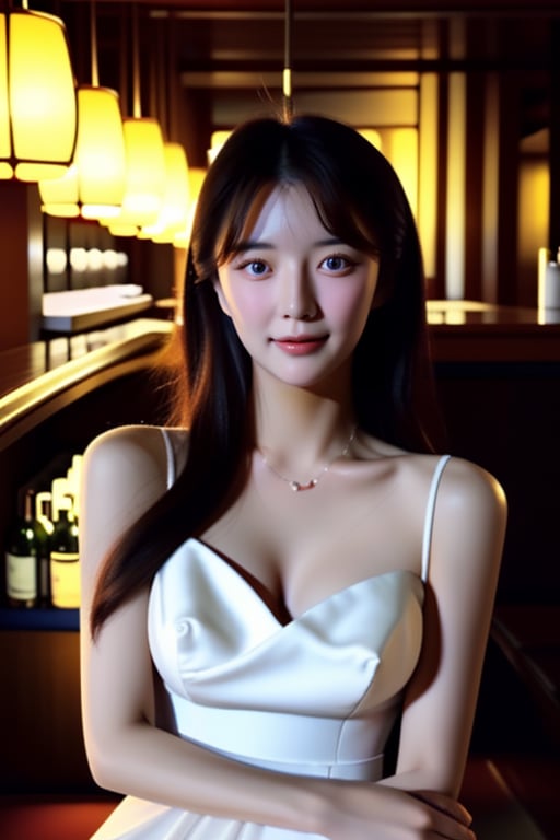 A photo of the face of a pretty 20-year-old Korean woman from the 1970s, wearing a white dress and holding a glass under lighting.--cw100