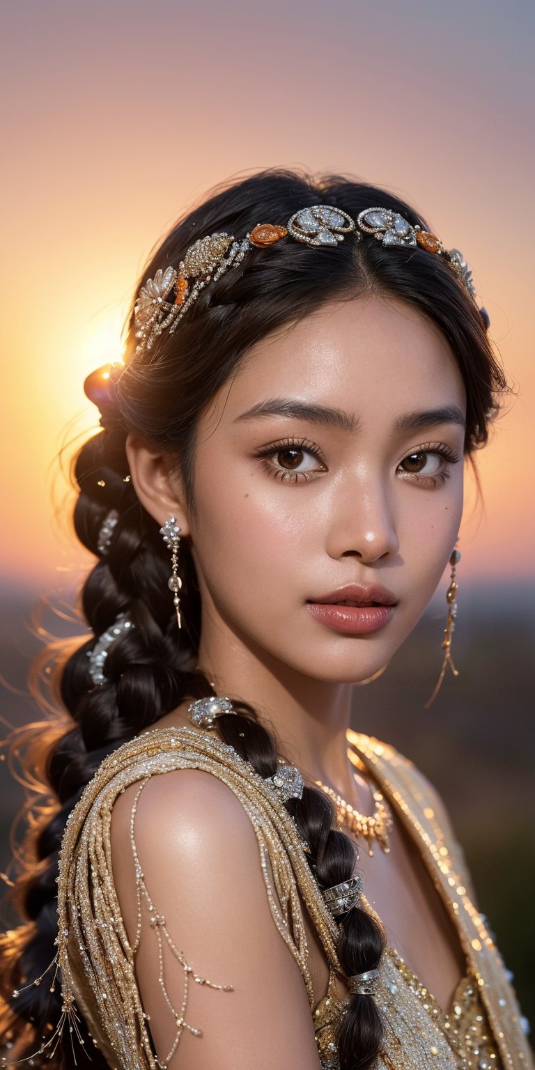 A portrait of a woman with dark skin and adorned with intricate silver jewelry. Her lips are curved into a gentle smile, showcasing the pride and wisdom in her eyes. Her hair is styled in a traditional braid that cascades down her back. The background is a warm sunset, casting a soft orange glow on her face and emphasizing the beauty of her heritage.
 
