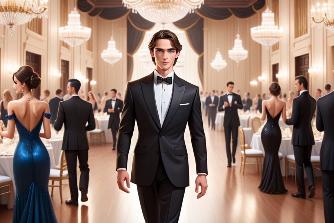 Location: A spacious and luxurious hall lit by dim lights. The decor of the hall reflects an upscale atmosphere, with crystal chandeliers hanging from the ceiling and carefully arranged tables. The background is filled with guests talking and dancing to soft classical music.

Young man:
Full body image showing hands and feet
Age: About 35 years old
Height: Average (about 1.75 meters)
Hair: Dark brown, slightly wavy, and neatly styled back

Face: Rectangular in shape, with sharp blue eyes and symmetrical facial features
Clothing: He wears an elegant black formal suit with a white shirt and a black tie. His shoes are shiny black and reflect his attention to detail.
Expression: His confident appearance is shown with a slight smile as he looks at the girl next to him.

A tall, confident man wearing an elegant black suit enters a luxurious and elegant ballroom. His strong body and intense gaze attract everyone's attention, especially the women, who are mesmerized by his aura. The background shows a lavish party with crystal chandeliers and elegantly dressed guests,Extremely Realistic,better photography