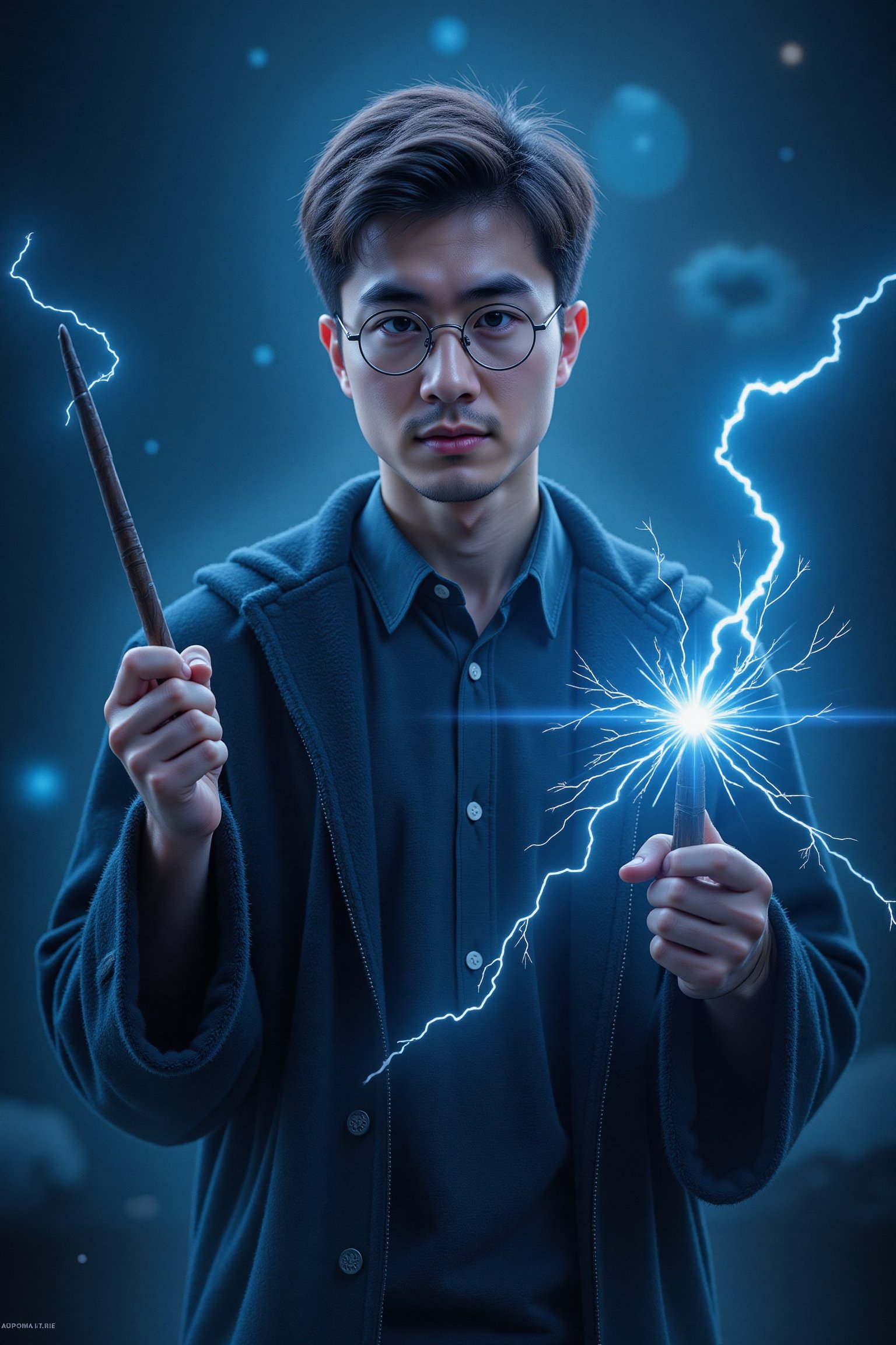 a handsome men, uniform of the Hogwarts School. glasses, holds his Magic Wand, surrounded by flashing blue electricity that crackles with energy, full body. Starry Sky,Beautiful stars,Galaxy,nebula,Big Star,magical sky. Ultra-detailed, masterpiece, 8k photorealistic, RAW photo.