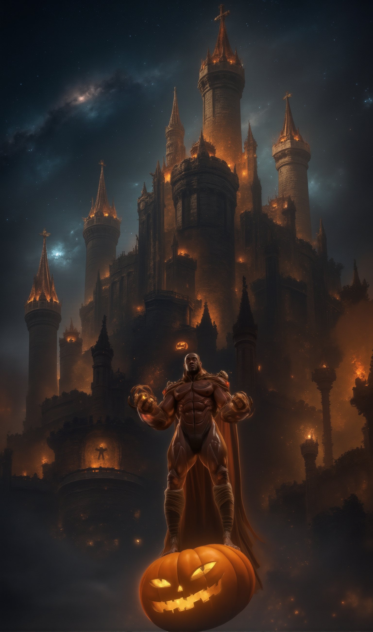 In this breathtaking masterpiece, a muscular handsome man dons a goregous orange vampire suit, effortlessly standing on his futuristic flying  jack-o-lantern through the urban skies, against a backdrop of a haunted huge castle,. The scene is set against a nebula and sparkle starry night sky. Ultra-detailed, masterpiece, best quality, sharp focus, 8k photorealistic, RAW photo. Dynamic lighting and sharp focus on the subject, with intricate details and depth of field, showcasing the futuristic atmosphere. 