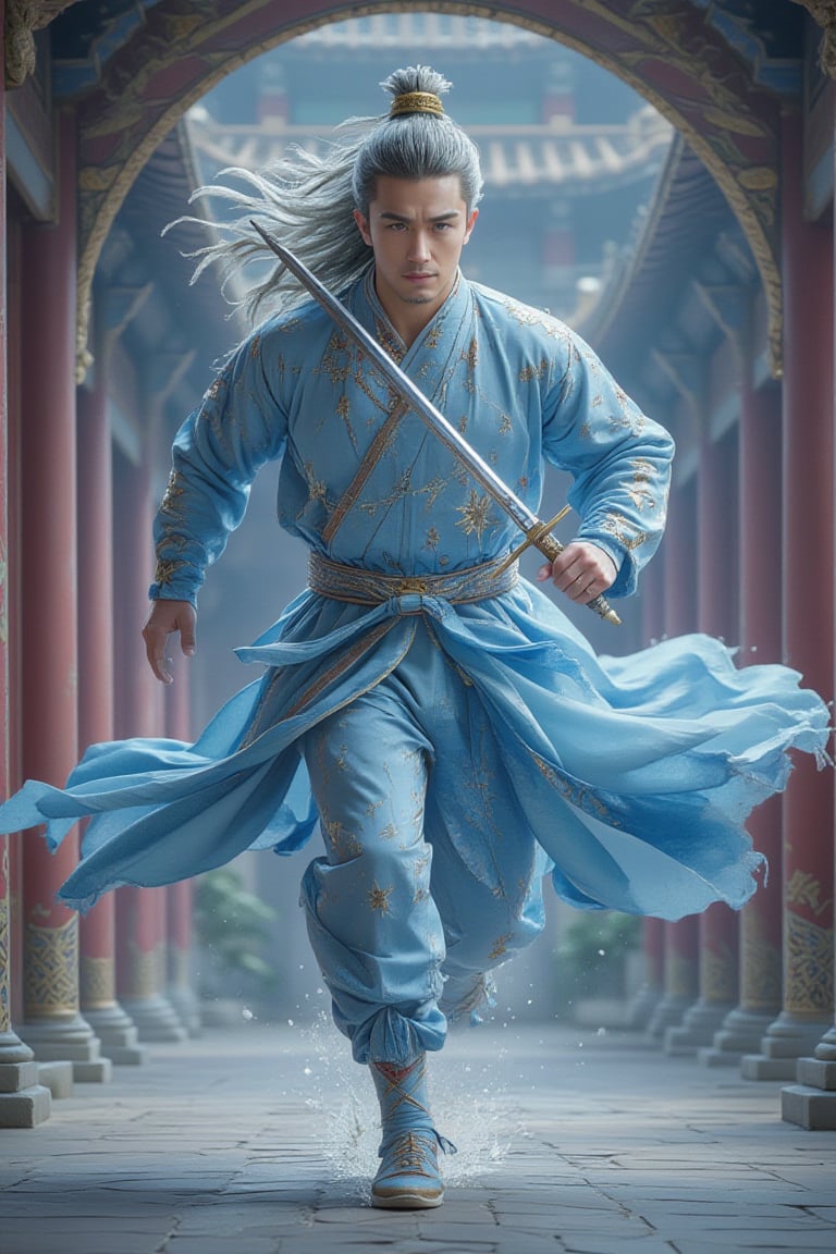 Beautiful art style photography combining traditional ancient Chinese aesthetics with modern elements. A handsome man in m...