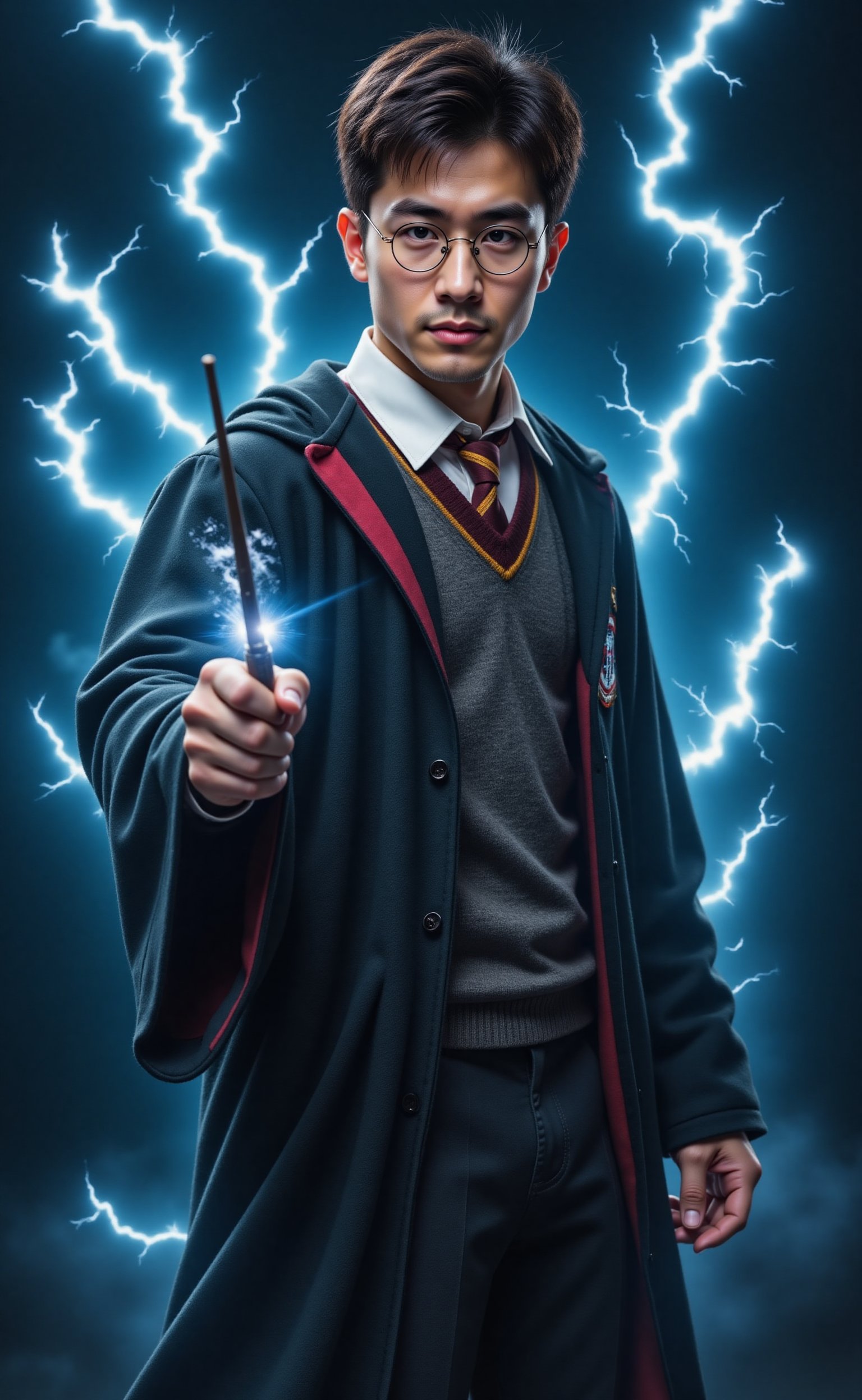 a handsome men, uniform of the Hogwarts School. glasses, holds his Magic Wand, surrounded by flashing blue electricity that crackles with energy, full body. magical sky. Ultra-detailed, masterpiece, 8k photorealistic, RAW photo.