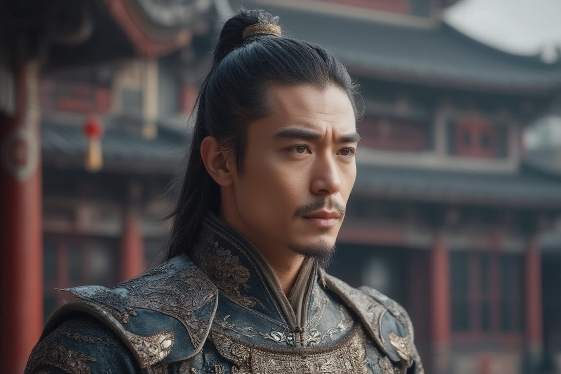 Photorealistic 8k RAW photo featuring a handsome man is dressing in the Three Kingdoms era. His hair is pulled back in a ponytail. His lips slightly parted, conveying concentration. The backdrop is in a Chinese Imperial Palace. The image is ultra-detailed with high-resolution clarity, natural lighting, and a focused composition on his expressive face and attire.